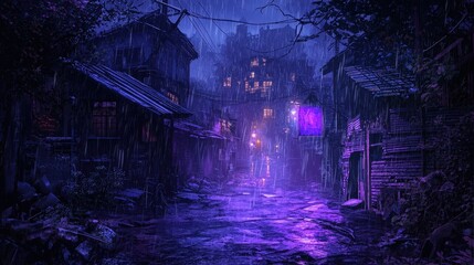 Naklejka premium Rain-soaked urban alley illuminated by neon purple lights and glowing windows, with reflections on wet pavement creating a moody and mysterious nighttime atmosphere. Perfect for cinematic and urban my