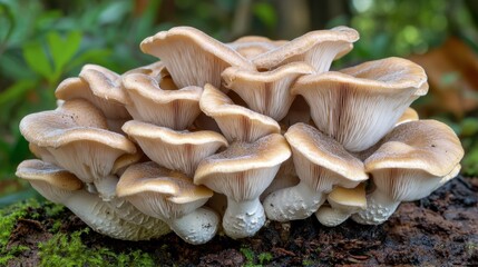 Fototapeta premium Cluster of Delicate Mushrooms Growing on Forest Floor in Nature