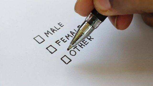 Close up of confused young asian or indian bigender or transgender person hand select other in gender identifying colums in a page. Concept of identity crisis, confusion or dysphoria.