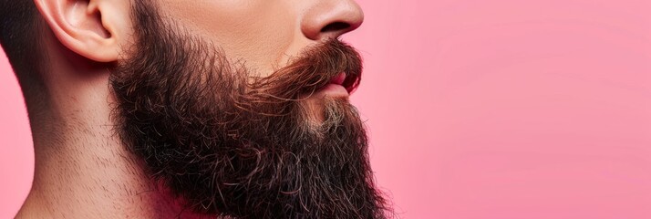 Fototapeta premium A close-up of a man with a well-groomed beard against a bright pink background showcasing modern grooming trends. Place for text
