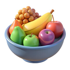 A Colorful Bowl of Freshness: A vibrant bowl overflowing with a mix of fresh fruits, including apples, pears, grapes, and a banana, rendered in a 3D cartoon style.