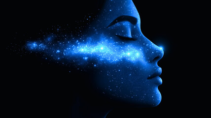 Cosmic Dream: A woman's face is illuminated by a swirling galaxy of stars, a visual representation of the vastness of the cosmos within us.  