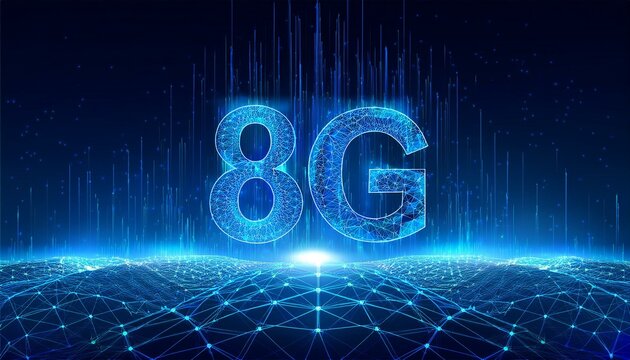 Abstract blue glowing 8G High-Speed network wireless internet connection.