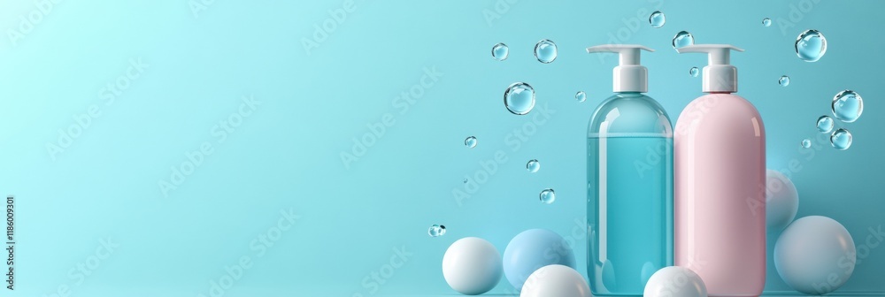 Poster Sanitizer droplets eliminate bacteria in a refreshing blue background. Generative AI
