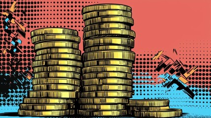 Stacks of Gold Coins Financial Wealth Pop Art Style Illustration
