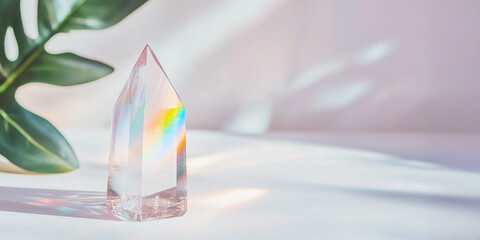 Crystal prism reflecting rainbow colors on white background with plant. Modern art, light and shadow. For design, wallpaper, interior. Side view with copy space.