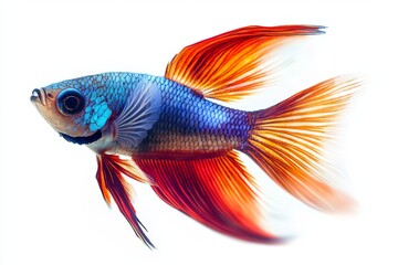 A vibrant goldfish with striking blue and orange fins swims gracefully against a white background.