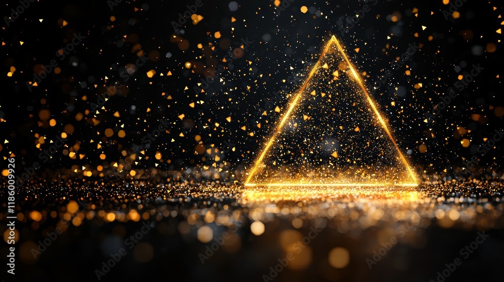 Poster close-up motion design featuring dynamic golden triangle particles in a 3d animation digital art bac