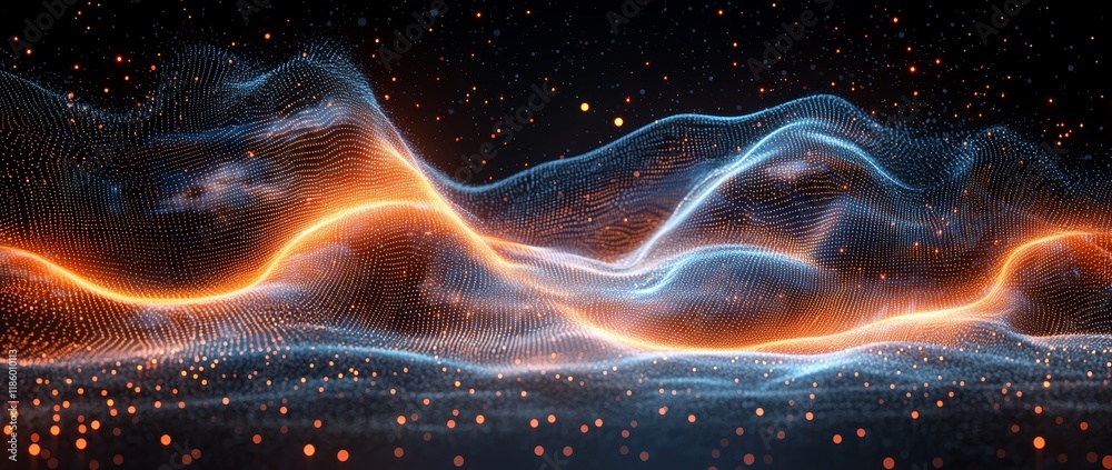 Poster in a motion graphics studio setting, dynamic light patterns in digital art creation are used for abs