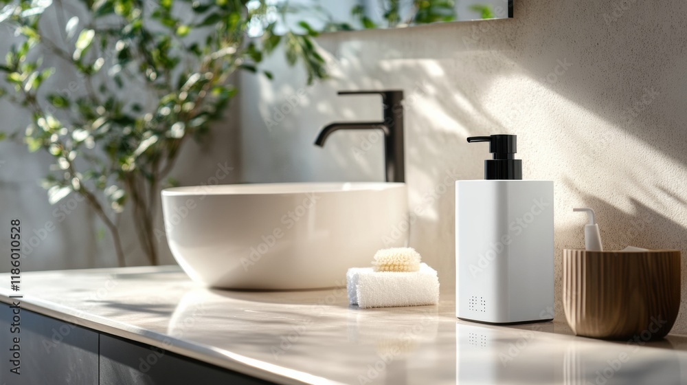 Poster sanitizer droplets eliminate bacteria on a countertop during daylight in a modern bathroom setting. 