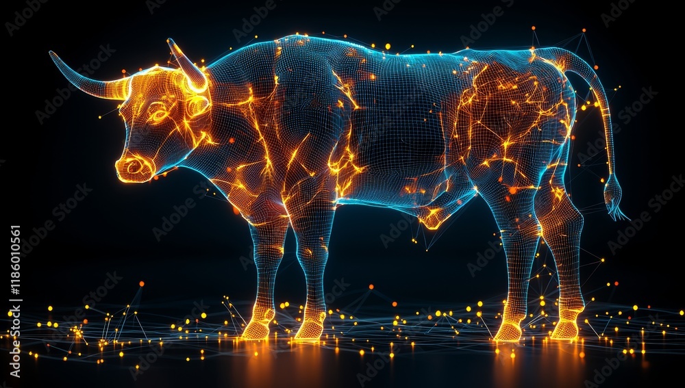 Poster dynamic digital bull animation in a virtual studio with 3d rendering of a futuristic scene, portraye