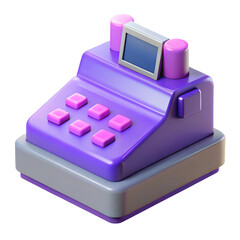 3D Cash Register Icon: A cheerful, cartoon-style cash register in vibrant purple and pink, perfect for adding a playful touch to your retail or finance-related projects.  