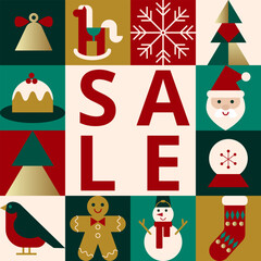 Square colorful card with geometric shapes for winter or Christmas sale. Flat vector illustration. Design for poster, label, cover, social media