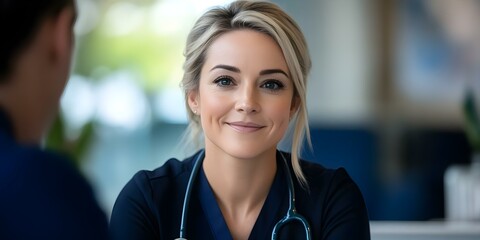 A smiling healthcare professional wearing scrubs with a stethoscope around their neck, looking attentively at someone. Concept Healthcare Professional, Smiling Attitude, Stethoscope Use
