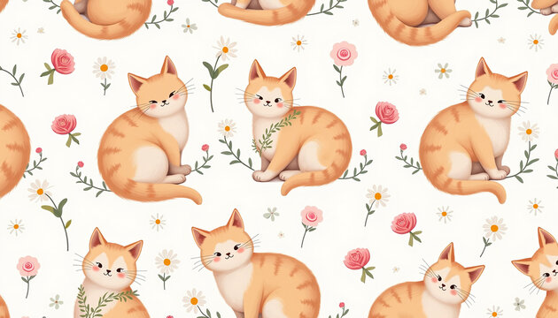Cute illustrated cats with floral accents on a light background