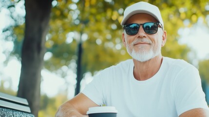 Fototapeta premium Senior man in casual and trendy outfit sitting outdoors with a coffee cup on a sunny day in a vibrant natural setting