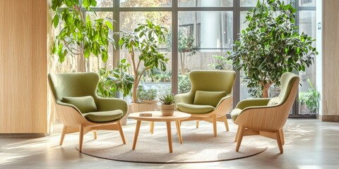 A cozy interior featuring two stylish green chairs and a round table. Sunlight filters through large windows, highlighting the natural elements. Perfect for relaxation or gathering. AI