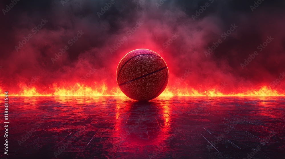 Wall mural loop animation of a basketball with a dark neon light effect rendering