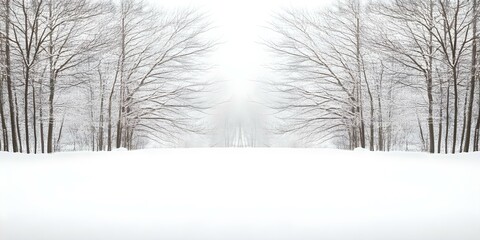 A tranquil winter scene with trees on either side, covered in snow, fading into a misty white background. Concept Winter Wonderland, Snow-Covered Trees, Tranquil Landscape, Misty Background