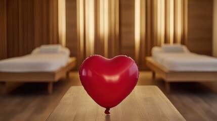 Relaxation zone in a spa and wellness salon in the Valentine's Day offer, a red heart-shaped balloon against the background of massage beds