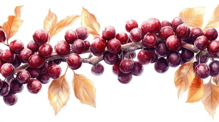 Obraz premium Red cherries branch with autumn leaves, isolated on white background.