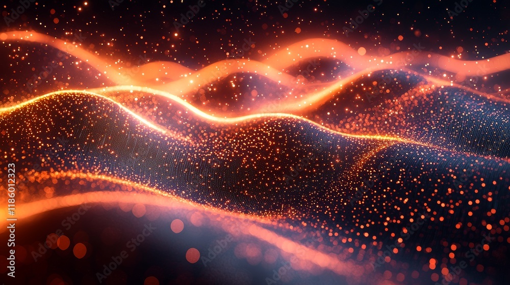 Poster across the screen, vibrant particle waves flow dynamically in an abstract art style