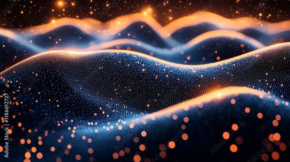 Poster dynamic digital waves in a virtual space, abstract visuals of a futuristic environment in a macro vi