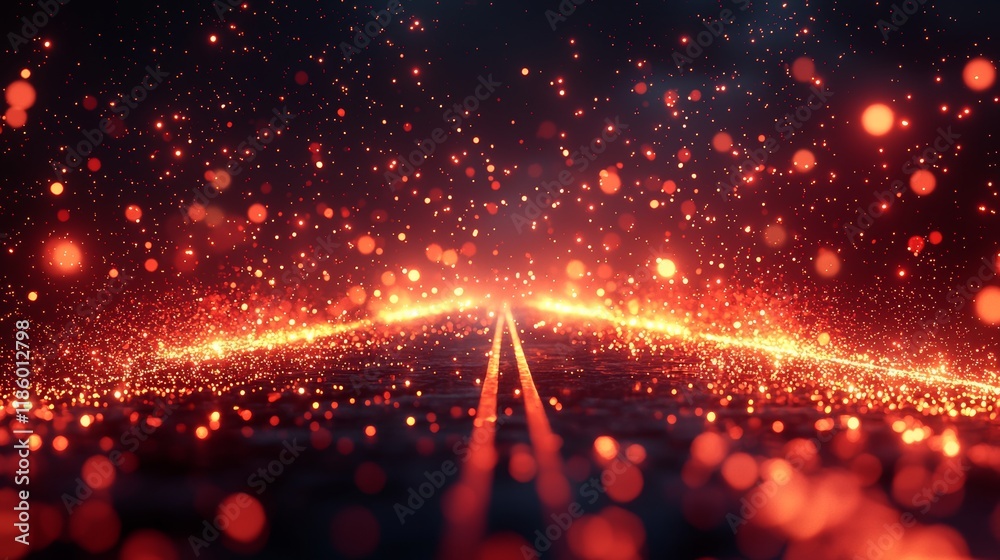 Poster luminous red dots create lines of dynamic motion on a tilted plane, rendered in double exposure for 