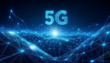 Fototapeta premium Abstract blue glowing 5G High-Speed network wireless internet connection. 