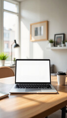 Laptop Mockup With Coffee Cup on wooden desk in bright room