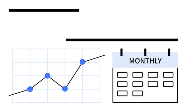 Chart with upward trend line on grid, points marking progress, and monthly calendar. Ideal for business, analytics, planning, performance, statistics, organization abstract line flat metaphor