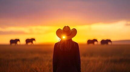 Backview of Adventurer Silhouetted Against Dramatic Sunset on Vast Savanna with Elephants