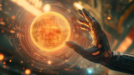 Futuristic Robot Hand Holding Glowing Energy Orb in a Surreal, High-Tech Space: Advanced Robotics, Cybernetic Power, and Abstract Digital Innovation