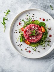 This dish features a beautifully plated beef tartare shaped into a patty, resting on fresh greens and adorned with cherry tomatoes and a drizzle of sauce. Perfect for gourmet dining