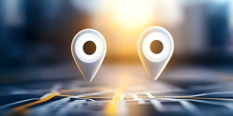Two location pins are shown, representing points of interest on a blurred map with a warm, glowing background. Concept Blurry Map Overview, Points of Interest, Location Pins, Warm Glowing Background
