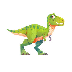Green dinosaur on black background. Cartoon style. For design, print, kid's book, poster, banner, sticker. Side view.