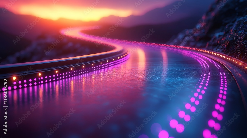Poster journey through a dynamic light tunnel in a futuristic 3d virtual space that is abstract and modern