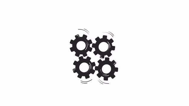 Four interconnected gears rotating outline 2D object doodle animation. Teamwork, collaboration, mechanics monochrome linear drawing 4K video. Mechanical parts animated item isolated on white