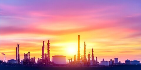 Fototapeta premium A refinery silhouette against a vibrant sunset, featuring tall towers and storage tanks. Concept Refinery Silhouette, Vibrant Sunset, Industrial Landscape, Tall Towers, Storage Tanks