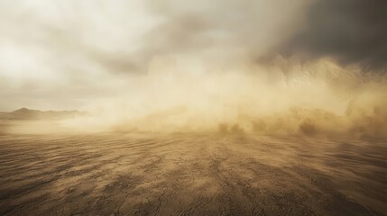Fototapeta premium Expansive desert landscape engulfed in a swirling sandstorm under stormy skies, evoking dramatic and atmospheric wilderness. Perfect for nature and weather themes.