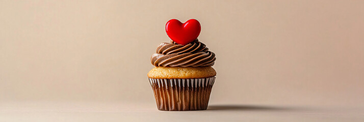 Vanilla cupcake muffin with a red heart on mocha mousse on beige background. Banner template for love, sweets, poster, and cards for party, birthday and Valentine's day with place for text.