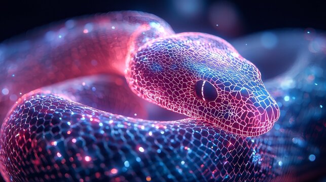 Futuristic glowing polygonal snake animation in a digital realm 3D art neon environment, close-up visual concept