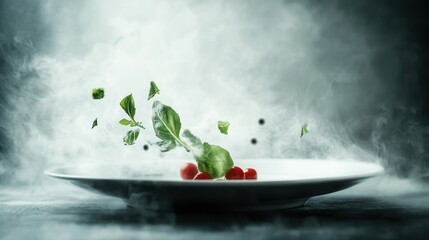 Floating vegetables on misty plate