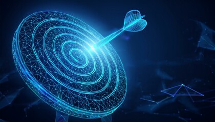 Smart goal setting, dart hit the center of dartboard glowing blue. Low polygon, particle,
