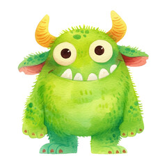 Green monster with horns, watercolor style, for design, print. Standing pose. Cartoon character, isolated.