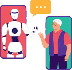 AI Robot And Elderly Woman Inside The Cellphone Waving And Greeting To Each Other.