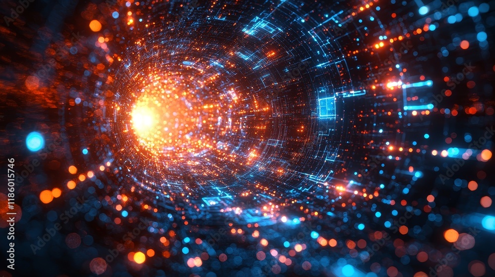 Poster a futuristic journey through the abstract digital realm using dynamic motion graphics