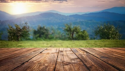 Obraz premium Empty wooden table with garden bokeh background with a country outdoor theme, Template mock up