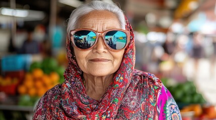 Senior Woman in Colorful Headscarf and Sunglasses Stands Confidently in a Vibrant Market Setting with Fruits and Vegetables Around Her
