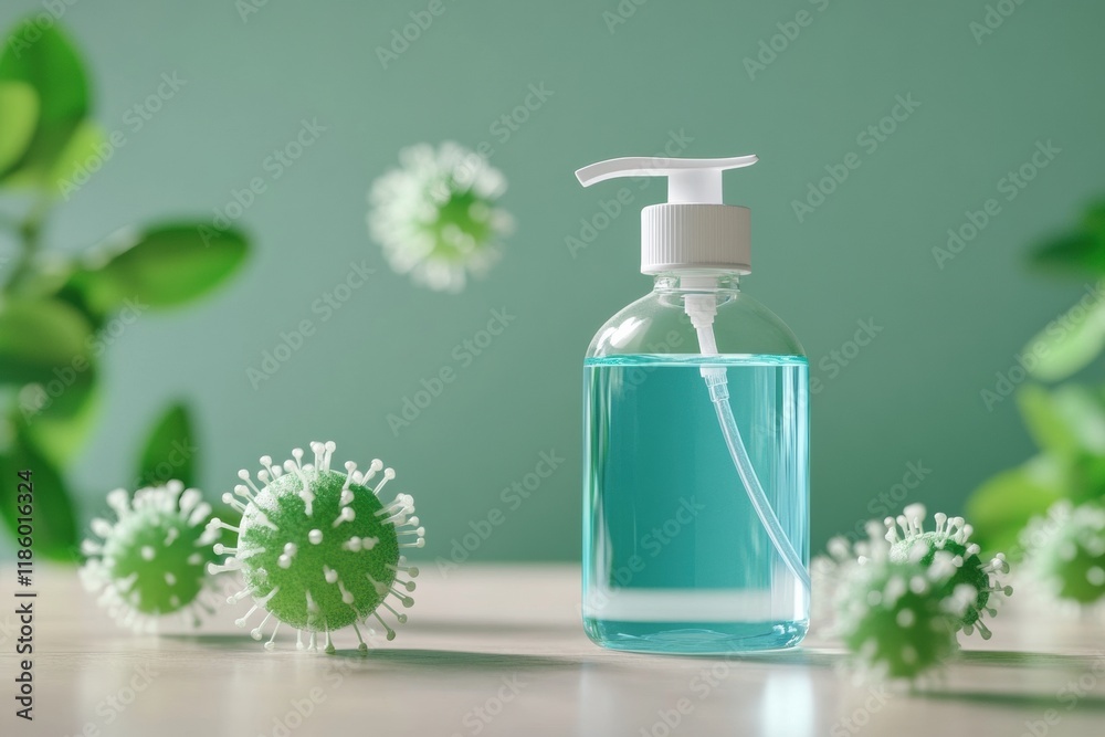 Poster droplets of sanitizer actively combating bacteria in a clean, well lit environment with green backgr